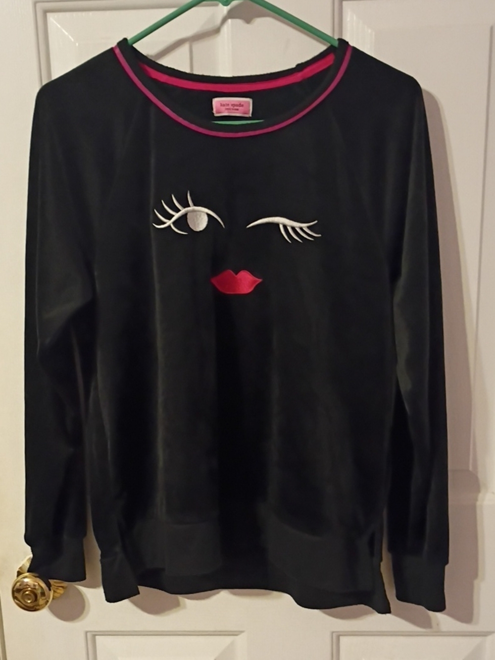 kate spade Black Long-Sleeve Winking Face Sweatshirt with Pink Trim